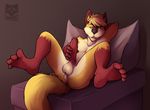  2015 anthro balls big_penis blonde_hair canine d3mo dedran erection fur hair half-closed_eyes holding_penis looking_at_viewer male mammal nude penis pillow plantigrade presenting presenting_penis reclining red_fur smile solo spread_legs spreading suggestive uncut wolf yellow_eyes yellow_fur 