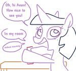  caught dialogue english_text equine friendship_is_magic hiding horn looking_at_viewer mammal monochrome my_little_pony nervous sex_toy solo surprise sweat text the_weaver twilight_sparkle_(mlp) unicorn 
