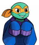  2018 anthro bandanna biting_lip clothed clothing inkyfrog long_sleeves male mask michelangelo_(tmnt) orange_eyes reptile rise_of_the_teenage_mutant_ninja_turtles scalie shell simple_background smile solo sweater teenage_mutant_ninja_turtles tooth_gap turtle white_background 