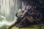  breasts butt canine feline female green_eyes male male/female mammal nature nude sitting tiger waterfall wildering wolf 