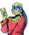  2018 anthro bandanna blue_eyes clothed clothing facial_markings inkyfrog leonardo_(tmnt) looking_at_viewer male markings mask reptile rise_of_the_teenage_mutant_ninja_turtles scalie shell simple_background smile solo sweater teenage_mutant_ninja_turtles turtle waving white_background 