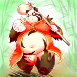  bulge chinese_clothing chiro_(artist) chubby eating fanfan male mammal overweight pastry red_panda solo walking 