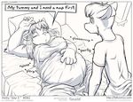  2015 anthro bed belly big_belly big_breasts breasts canine claws clothed clothing comic dialogue duo english_text eyes_closed faf female fox hand_on_belly hetty jimmy male mammal monochrome obese open_mouth overweight sleeping speech_bubble text wolf 