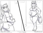  2015 anthro belly big_belly big_breasts big_butt breasts butt canine claws clothed clothing comic english_text faf female half-closed_eyes hand_on_belly hetty licking licking_lips looking_back mammal monochrome obese overweight smile solo text tongue tongue_out wolf 