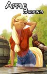  2015 anthro apple applejack_(mlp) barrel clothing cowboy_hat cutoffs denim_shorts duo earth_pony english_text equine female freckles friendship_is_magic fruit hat hattonslayden horse human male mammal midriff my_little_pony outside pony ponytail pose shirt shorts text tied_shirt unbuttoned 