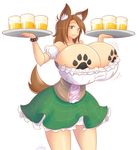  alcohol animal_ears bear-hand beer beer_maid beverage big_breasts breasts brown_eyes brown_hair clothed clothing female fox_ears foxgirl furry_tail hair happy holding huge_breasts looking_at_viewer maid maid_uniform octoberlass smile solo theycallhimcake 