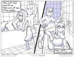  2015 anthro bathing bathroom belly bent_over big_belly big_breasts big_butt breasts butt canine claws clothed clothing comic dialogue duo english_text eyes_closed faf female fox half-closed_eyes hetty jimmy male mammal monochrome nipples nude obese open_mouth overweight pussy side_boob smile speech_bubble text toe_claws water wet wolf 