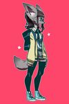  backpack brown_eyes canine clothing dog female flat_chested fur green_hair grey_fur hair kemono legwear mammal school_uniform schoolgirl solo stockings 四次元 