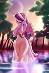  2015 anthro anthrofied clothed clothing equine female friendship_is_magic hair half-closed_eyes horn mammal moon multicolored_hair my_little_pony navel outside princess_cadance_(mlp) skecchiart solo translucent transparent_clothing tree water winged_unicorn wings 