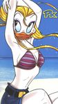  anthro arms_above_head avian beach beak bikini bird black_eyes blonde_hair breasts cleavage clothed clothing disney duck female hair long_hair looking_back looking_up lyla_lay makeup navel non-mammal_breasts official_art open_mouth outside pose sand seaside shorts side_boob sitting solo swimsuit unknown_artist water white_skin 
