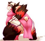  anthro backsack balls bear big_balls big_butt big_penis blush butt chinese_clothing chiro_(artist) clothing crossdressing fanfan garter_belt legwear lingerie male mammal overweight penis presenting red_panda smirk solo stockings 