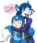  &lt;3 anthro black_nose blue_eyes blue_fur blue_hair bodysuit canine claws clothing crossover cute duo english_text eyes_closed female fox fur gem hair hair_ornament happy helmet heresy_(artist) hug humanoid jewelry krystal machine male mammal mechanical mega_man_(character) mega_man_(series) nintendo open_mouth plain_background robot short_hair signature size_difference skinsuit star_fox teeth text tongue video_games white_background white_fur 