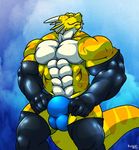  abs balls biceps big_muscles bulge clothed clothing dragon half-dressed horn looking_at_viewer male muscles pecs rackun rubber scalie solo speedo swimsuit underwear 