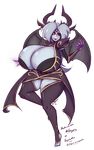  almyra big_breasts black_lips breasts clothed clothing dark_power demon female flying glow_eyes glowing hair halloween happy holidays horn huge_breasts league_of_legends looking_at_viewer necklace nosmirmcawesome red_eyes scary shy smile solo syndra video_games white_hair wings 