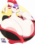  anthro big_breasts breasts clothed clothing eyelashes female fur huge_breasts lionalliance mienshao nintendo nipples plain_background pok&eacute;mon ribbons smile solo video_games 