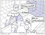  2015 anthro bathing bathroom belly big_belly big_breasts breasts bulge canine clothed clothing comic dialogue duo english_text eyes_closed faf female fox hetty jimmy male mammal monochrome navel nipples nude obese overweight smile speech_bubble text water wet wolf 