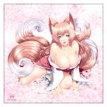  2015 animal_ears areola big_breasts breasts brown_fur brown_hair camel_toe canine cleavage clothed clothing female fox fox_ears fox_tail fur green_eyes hair hi_res human lips long_hair looking_at_viewer mammal multiple_tails nails nipples panties sitting socks solo thenightwishmaster tongue tongue_out underwear white_fur 