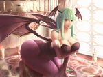  big_breasts big_butt breasts butt cleavage clothed clothing darkstalkers demon elbow_gloves female gloves green_eyes green_hair hair happy long_hair looking_at_viewer magic makeup morrigan_anesland sitting skull smile solo spell succubus tight_clothing video_games wings yazuwo 