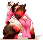  anthro backsack balls bear big_balls big_butt big_penis blush bottomless butt chinese_clothing chiro_(artist) clothed clothing fanfan half-dressed male mammal overweight penis presenting red_panda smirk solo 