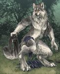  anthro canine clothing digitigrade forest fur grey_fur lykanos male mammal nude post_transformation sabretoothed_ermine solo torn_clothing transformation tree were werewolf wolf yellow_eyes 