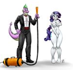  2015 aged_up anthro anthrofied barefoot big_breasts blue_eyes blush breasts covering covering_self dragon duo embarrassed equine female friendship_is_magic green_eyes hair holding horn male mammal my_little_pony navel necktie nude pia-sama plain_background plantigrade purple_hair rarity_(mlp) scalie spike_(mlp) suit unicorn vacuum white_background 