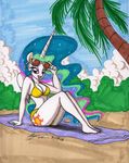  2015 anthro anthrofied beach bedroom_eyes bikini breasts cleavage clothed clothing cutie_mark equine eyeshadow eyewear female friendship_is_magic glasses hair half-closed_eyes horn looking_at_viewer makeup mammal multicolored_hair my_little_pony newyorkx3 outisde palm_tree princess_celestia_(mlp) purple_eyes seaside sitting solo sparkles sunglasses swimsuit towel tree winged_unicorn wings 