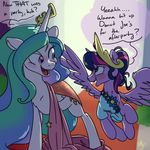  2015 astarothathros blush clothing crown dialogue dress duo english_text equine female friendship_is_magic goattrain gold hair horn mammal messy_hair my_little_pony necklace princess_celestia_(mlp) text twilight_sparkle_(mlp) winged_unicorn wings 