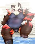  blush bulge chiro_(artist) chubby clothing fanfan looking_at_viewer male mammal overweight pool red_panda sitting solo swimsuit water 