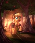  2015 apple applejack_(mlp) blonde_hair bucket cloud collaboration cowboy_hat equine female food forest freckles friendship_is_magic fruit grass green_eyes hair hat horse mammal my_little_pony open_mouth pony signature solo sunrise tongue tree tsitra360 vest_(artist) 