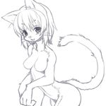  black_eyes breasts cat feline female fur hair kemono kishibe mammal monochrome nipples nude short_hair solo whiskers 