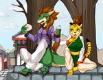  breasts brown_hair chinese_clothing dragon duo eating feline female green_eyes hair kemono mammal ponytail shioinu tiger tongue 