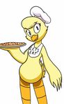  avian beak bib bird chef_hat chica_(fnaf) chicken female five_nights_at_freddy&#039;s food hat looking_at_viewer pizza plain_background solo terdburgler text video_games yellow_feathers 