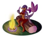 2015 alpha_channel alternate_color anthro big_breasts breasts campfire female fire latiar log marshmallow navel nintendo nude plain_background pok&eacute;mon pok&eacute;morph purple_eyes purple_scales red_scales rock sitting slit_pupils snivy solo stick tongue tongue_out transparent_background video_games wood 