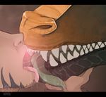  ambiguous_gender dragon duo feral furrycandyshop green_scales green_tongue human humanoid interspecies kissing mammal markings open_mouth orange_scales saliva scalie sharp_teeth teeth tongue 