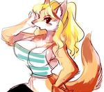  1boshi anthro big_breasts blonde_hair blush breasts canine cleavage clothed clothing female fox fur hair japanese kemono long_hair looking_at_viewer mammal plain_background shirt skimpy solo surprise tank_top thin_waist 