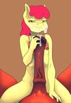  2015 animal_genitalia anthro anthrofied apple_bloom_(mlp) clothing cum cum_on_face duo earth_pony equine faceless_male female friendship_is_magic hair half-closed_eyes hand_on_penis horse horsecock looking_at_viewer male male/female mammal my_little_pony nsfw-pony nude penis plain_background pony size_difference young 