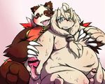  balls big_balls big_penis blush chiro_(artist) chubby drooling duo erection fanfan grope handjob male male/male mammal overweight penis precum red_panda saliva smirk unknown_character 