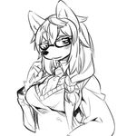  blush canine clothing dog eyewear female glasses hair kemono kishibe long_hair mammal monochrome necktie school_uniform schoolgirl solo 