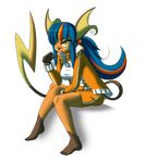  2015 alpha_channel anthro bandage barefoot belt blue_hair breasts brown_fur cleavage clothed clothing female fist fur hair jacket latiar nintendo open_mouth orange_eyes orange_hair plain_background pok&eacute;mon pok&eacute;morph raichu shirt shorts sitting solo transparent_background video_games yellow_fur 