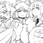  1boshi anthro big_breasts breast_squish breasts canine clothing fox fur group huge_breasts japanese kemono mammal monochrome nazi smoking smothering 