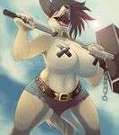  anthro beauty_mark big_breasts black_hair black_nose breasts canine chain claws clothing collar cutoffs denim_shorts diana_lafleur fangs female golden_jackal hair hammer huge_breasts inu-jean jackal mammal nipple_tape sharp_teeth short_hair shorts solo teeth thick_thighs thong tools voluptuous weapon wide_hips 