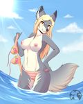  amber_eyes areola bikini black_nose blonde_hair breasts camel_toe canine clothed clothing cloud fangs female fur grey_fur hair half-dressed long_hair looking_at_viewer lunarii mammal nipples outside pink_nipples skimpy solo swimsuit topless water white_fur wolf 