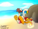  anal azura azuraracon beach charmander clothed clothing duo fire hadou hi_res male male/male nintendo outside pok&eacute;mon precum sea seaside smeargle swimming_trunks swimsuit video_games water 