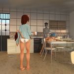  2015 3d anthro black_hair black_nose blue_hair breasts butt canine clothing ectasy26 feline female group hair hi_res kitchen lion male mammal red_hair table underwear wolf 