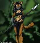  armor black_hair breasts brown_eyes clothed clothing collar feline female gauntlets hair loincloth looking_at_viewer mammal mask polearm serval shoulder_pads skimpy solo spear terdburgler weapon 