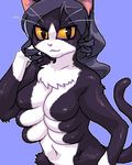  2009 anthro black_fur blue_background breasts cat chest_tuft featureless_breasts feline female fur hair low_res mammal matagitii multi_breast navel nude plain_background purple_hair solo standing tuft white_fur yellow_eyes 