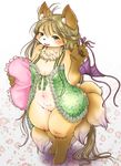  bottomless brown_hair canine clothed clothing female fox green_eyes hair half-dressed kemono long_hair mammal open_mouth panties setouchi_kurage solo underwear 