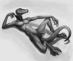  anthro balls claws digitigrade half-erect humanoid_penis klongi leaning lizard looking_at_viewer male monochrome penis reclining reptile scalie scarf smile solo uncut 