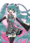  :d aqua_eyes aqua_hair bad_id bad_pixiv_id detached_sleeves glowing hatsune_miku kaguyuzu long_hair necktie open_mouth outstretched_arms pleated_skirt skirt smile solo spread_arms thighhighs twintails very_long_hair vocaloid zettai_ryouiki 