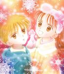  1girl blonde_hair brown_eyes coat hayama_akito kodomo_no_omocha kurata_sana long_hair mittens obana_miho official_art red_hair snow snowflakes winter 